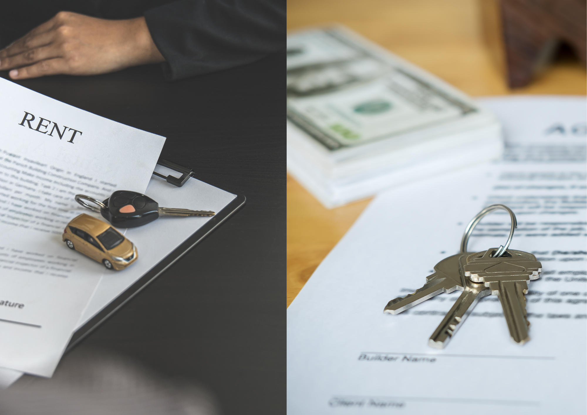 A side-by-side comparison of an apartment rental agreement and a home purchase contract on a desk. The rental agreement has a pen and a small apartment key, while the home purchase contract features a mortgage document, a house key, and a handshake in the background.